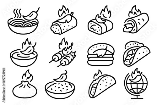 Pepper Fusion Dishes Icons. Line style icons of pepper in fusion dishes: spicy ramen, chili burrito, pepper sushi, pepper hummus;