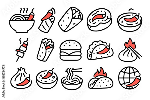 Pepper Fusion Dishes Icons. Line style icons of pepper in fusion dishes: spicy ramen, chili burrito, pepper sushi, pepper hummus;