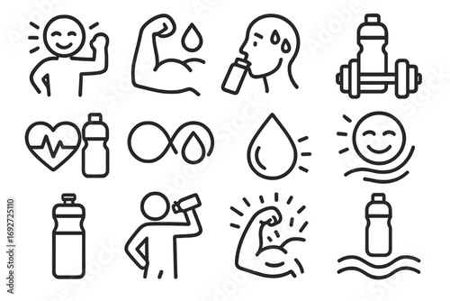 Hydration and Performance Icons. Line style icons of hydration and physical performance: energy after hydration, muscle and water,