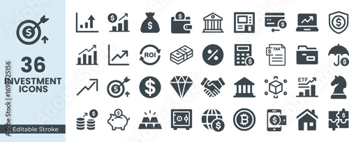 Comprehensive set of 36 investment and finance icons for business and financial applications.