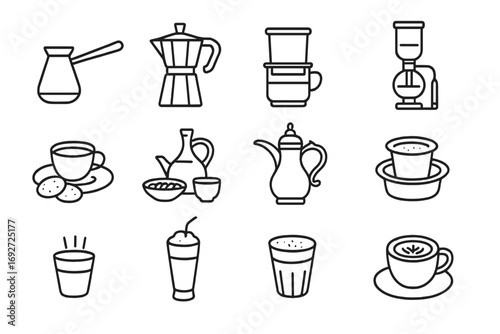 Global Coffee Icons. Line style icons of global coffee culture: Turkish coffee pot, Italian moka, Vietnamese drip, Japanese siphon