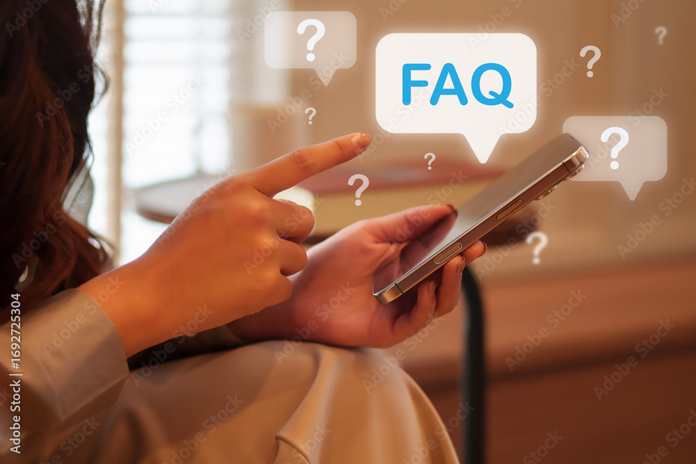 Obraz premium Adult Asian woman hands touching mobile phone screen searching information online frequently asked questions digital support using app for solutions help guide