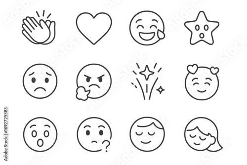 Emoji Reaction Icons. Line style icons of emoji reactions: clapping emoji, heart reaction, laughing tears, wow star; sad tear drop