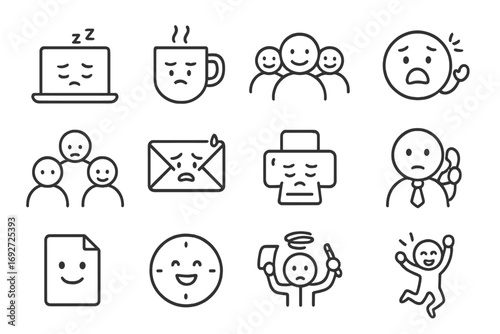 Workplace Emoticon Icons. Line style icons of workplace emoticons: laptop tired, coffee focus, team smile, deadline panic; meeting