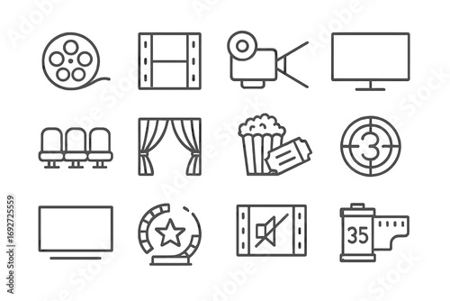 Cinematic Icons. Line style icons of cinematic elements: film reel unwind, filmstrip frame, projector beam, screen icon; seat row,