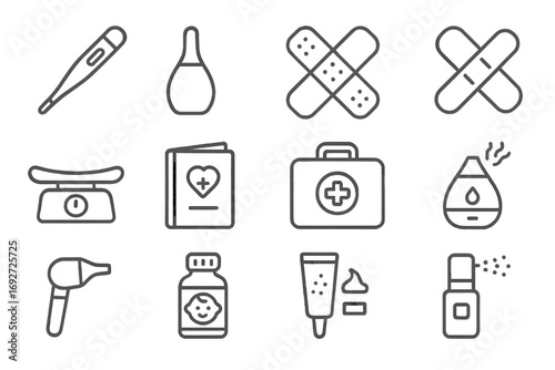 Baby Health Icons. Line style icons of baby health tools: thermometer, nasal aspirator, medicine dropper, bandage icon; baby scale