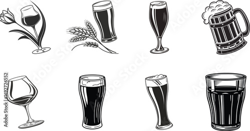 Collection of diverse hand-drawn beer glasses and mugs with different beverages for pubs and breweries vector