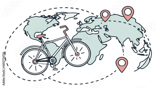 Bicycle traveling around the world with location pins