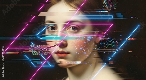 A classical portrait of a woman is digitally distorted with neon lines and glitch effects, blending old and new aesthetics.