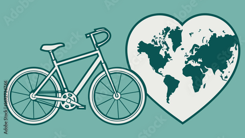 Bicycle with a heart shaped world map on a blue background in vector format