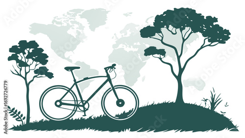 Green bicycle on a hill with trees and a world map