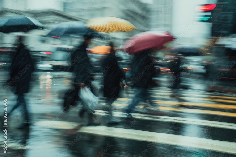 Fototapeta premium Blurred Motion of Pedestrians with Colorful Umbrellas Crossing a Rainy City Street, Creating a Dynamic and Atmospheric Urban Scene Perfect for Wallpaper or Urban Life Visual Projects