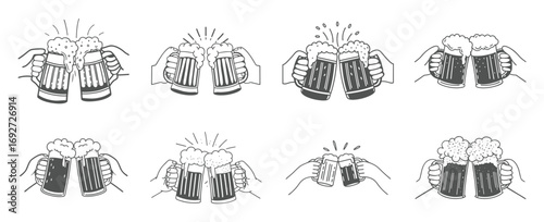 Hands clinking beer glasses celebration toasting beverage celebration cheers party joyful gathering social event vector