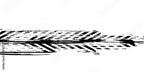 Grunge tire track, wheel braking marks. Truck, car or motorcycle tread pattern silhouette. Auto race, motorsport, speed racing design element. Vector illustration