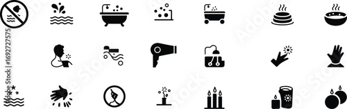 Hygiene and cleanliness icon set with bath, water splash, handwashing, spa elements, candles, no drinking, and skincare symbols.