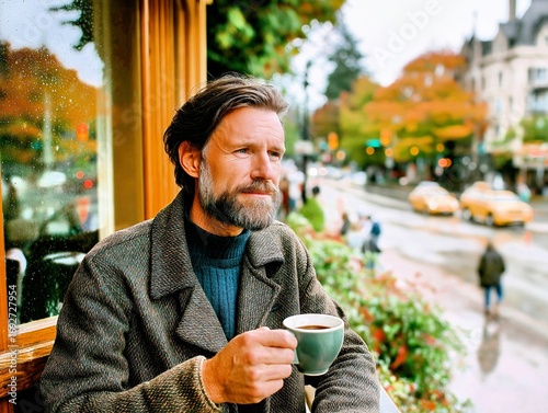 A Moment of Solitude: A Man Sits with Coffee at a Rainy Outdoor Cafe