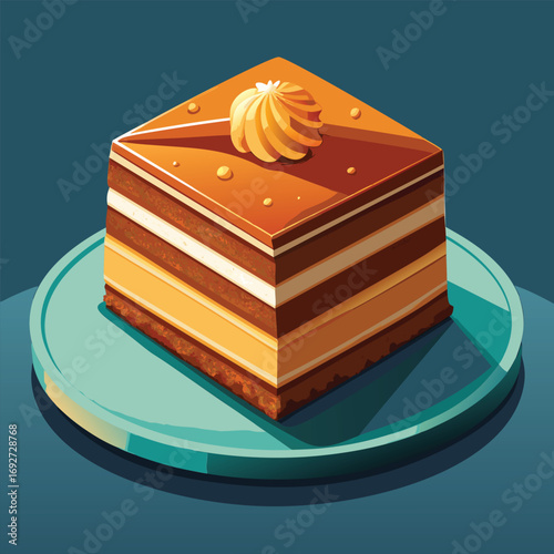 A slice of layered cake with caramel glaze and whipped cream