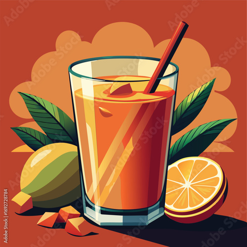 A glass of vibrant orange smoothie with a straw. surrounded by tropical fruits
