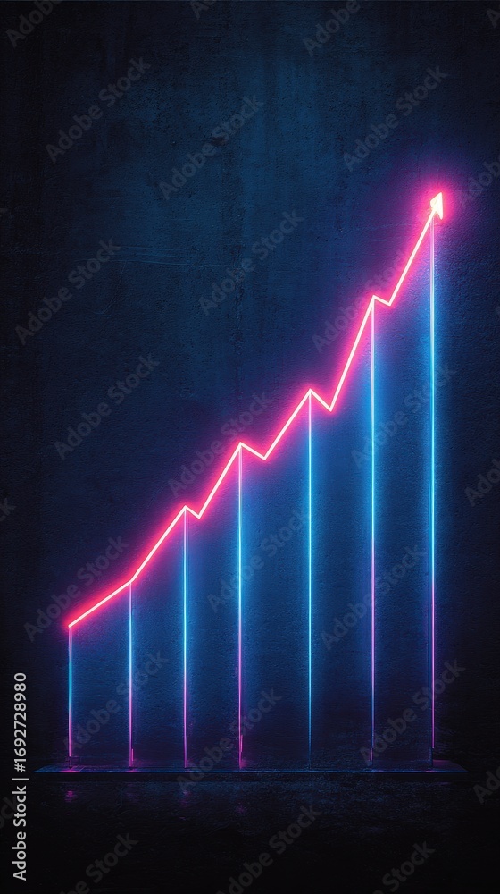 Fototapeta premium Neon Chart Growing Upward on Grunge Background, Progress