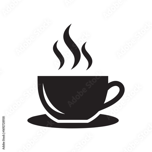 A simple black silhouette icon of a steaming hot coffee cup on a saucer, representing a warm beverage, cafe, or break time