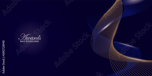 Golden Blue Award Background. Jubilee Night Decorative Invitation. Corporate Presentation with Side Flowing Thread Effect. Wedding Entertainment Hollywood Bollywood Night. Elegant Luxury