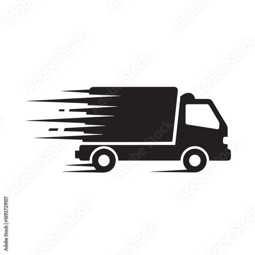 Fast delivery truck icon symbolizing express shipping and speedy logistics service. Black silhouette graphic for transportation and freight business