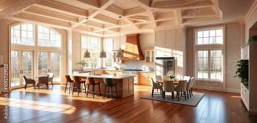 Sunlit kitchen-living space, hardwood floors, coffered ceiling, large windows,  luxury,  home decor