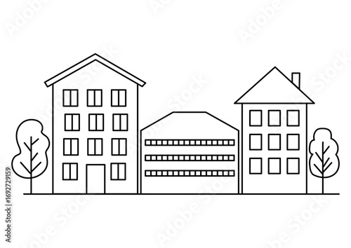 Simple outline illustration of abstract city buildings and trees. Urban streetscape with houses and landscape element for background concept.