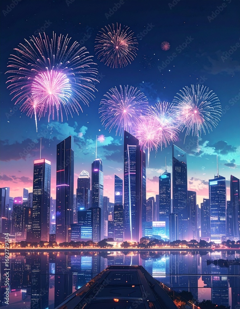 Obraz premium Cityscape at Dusk Under a Sky Bursting with Fireworks, Modern City at Night with Fireworks Reflecting in the Water