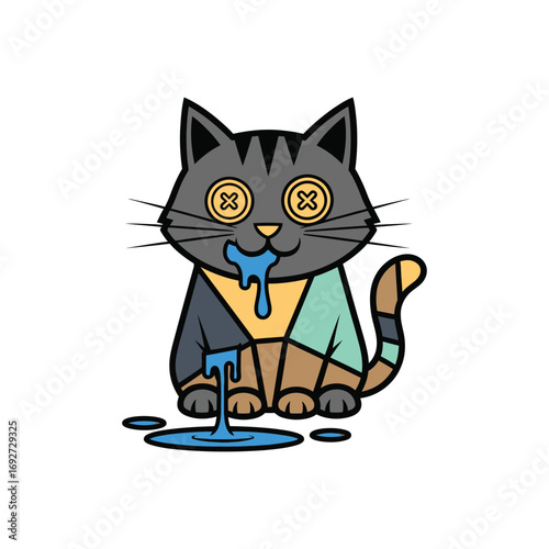 Cute Patchwork Cat with Button Eyes and Blue Drool.