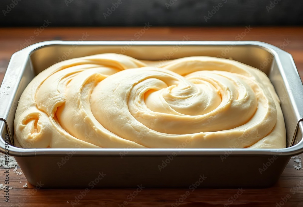Fototapeta premium Swirled bread dough in rectangular baking tin, ready for oven, photography, process