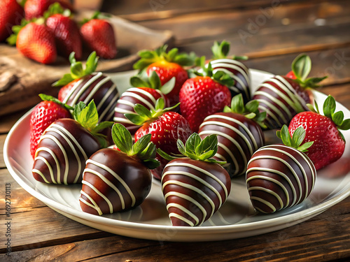 Delicious chocolate covered strawberries on a white plate, a sweet treat for any occasion or celebration