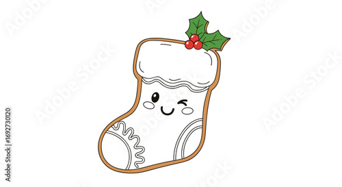 Adorable kawaii christmas stocking character with holly and berries greeting the holidays