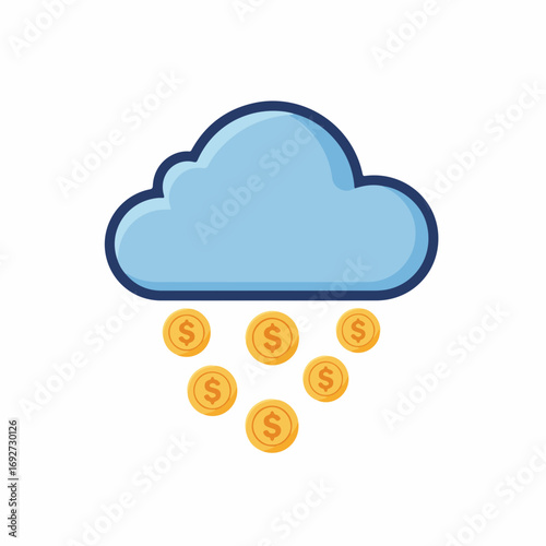 A stylized illustration of a blue cloud raining down several gold coins with dollar signs on them.
