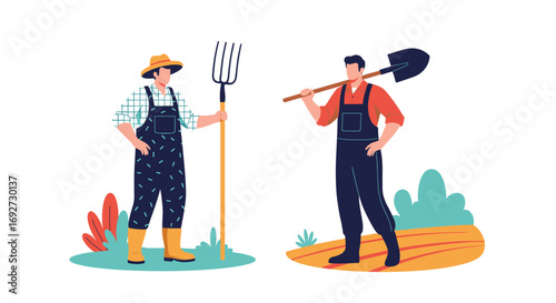 Two farmers standing in a field with farming tools preparing for agricultural work