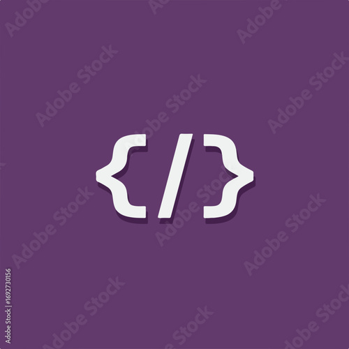 White code icon on a purple background, showing curly brackets and a forward slash.
