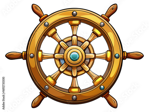 A high-quality vector illustration of a ship steering wheel made of polished wood and brass, isolated on a white background
