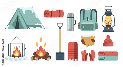 Collection of winter camping equipment and hiking gear icons for outdoor adventure in the snow