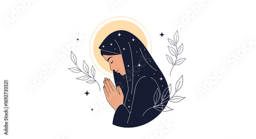 Spiritual woman praying under a celestial halo with starry night hijab and delicate floral embellishments