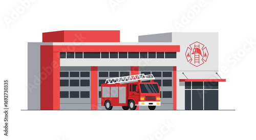 Fire Station and Fire Truck Illustration Emergency Response Building Concept
