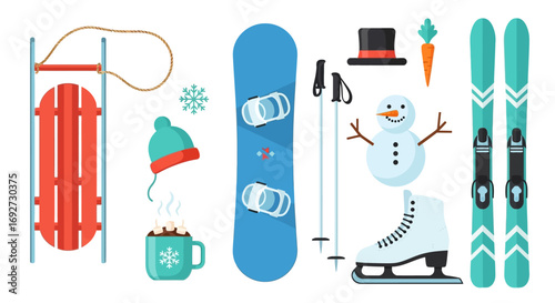 Flat vector set of essential winter sports equipment and festive seasonal items for chilly weather enjoyment