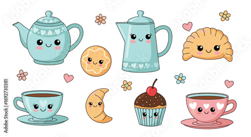 Adorable kawaii tea party set with cute food and drink items