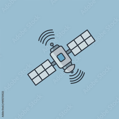 Illustration of a satellite with solar panels, transmitting signals, against a blue background.