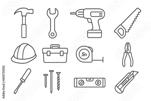 Toolbox Line Icons. Line style icons of toolbox items: hammer, wrench, power drill, hand saw; construction helmet, toolbox,