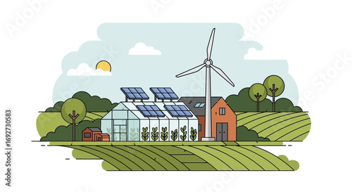 Renewable energy farm with solar panels and wind turbine in a rural setting
