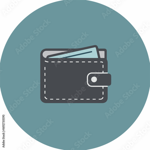 A flat design illustration of a dark grey wallet with light blue bills inside, set against a teal circular background, symbolizing finance and transactions.
