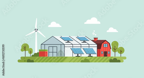 Sustainable Energy Concept Illustration of Solar Panels, Wind Turbine, and Farmhouse