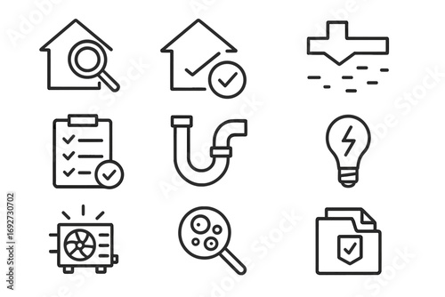 Home Inspection Icons. Line style icons of home inspection: magnifying glass on house, roof check icon, foundation icon, checklist