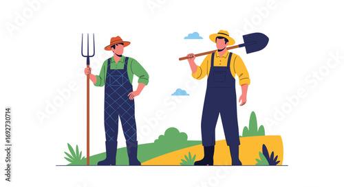 Two farmers standing proudly in their field holding their farming tools ready for work