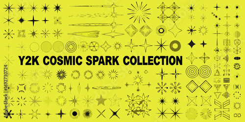 Y2k cosmic spark collection of retro starbursts and geometric shapes